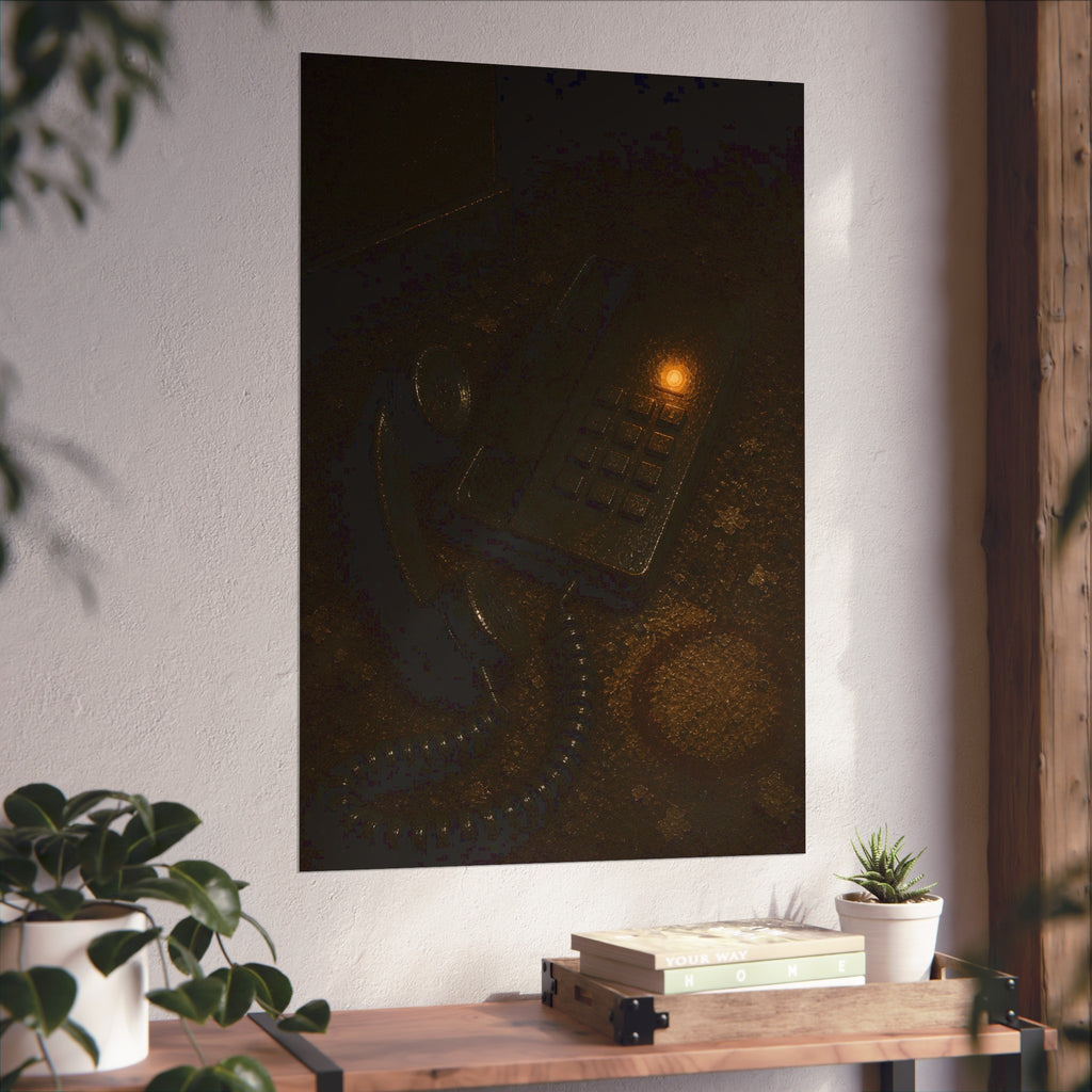 A desk phone with the handset off the hook and one amber light glowing. The Line Still Rings by Garabaggio, fine art print hanging in a room.