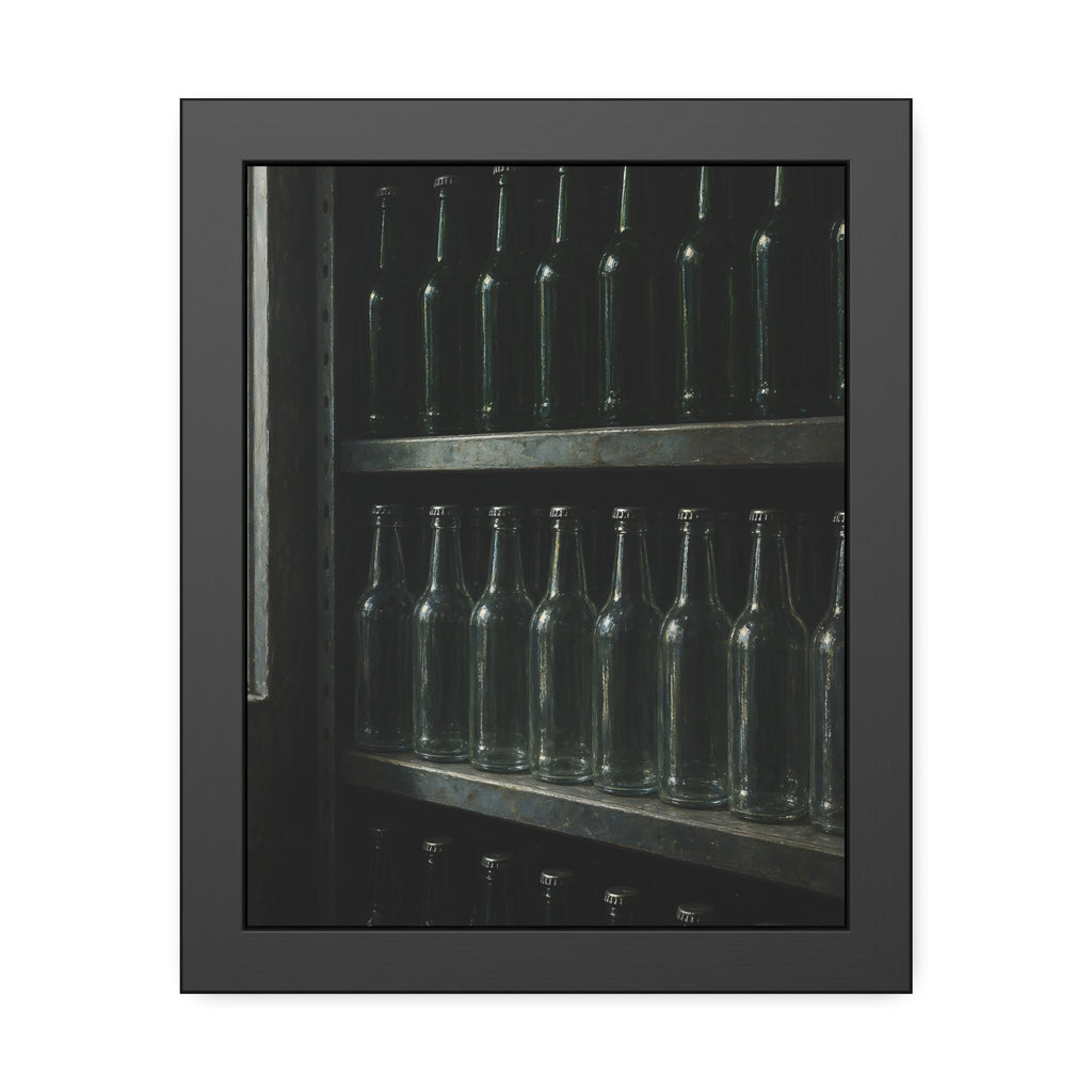 Rows of empty bottles on dim metal shelves, green above and clear below. The Shelf of New Bottles by Garabaggio, framed fine art print, 11″ x 14″.