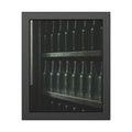 Rows of empty bottles on dim metal shelves, green above and clear below. The Shelf of New Bottles by Garabaggio, framed fine art print, 11″ x 14″.