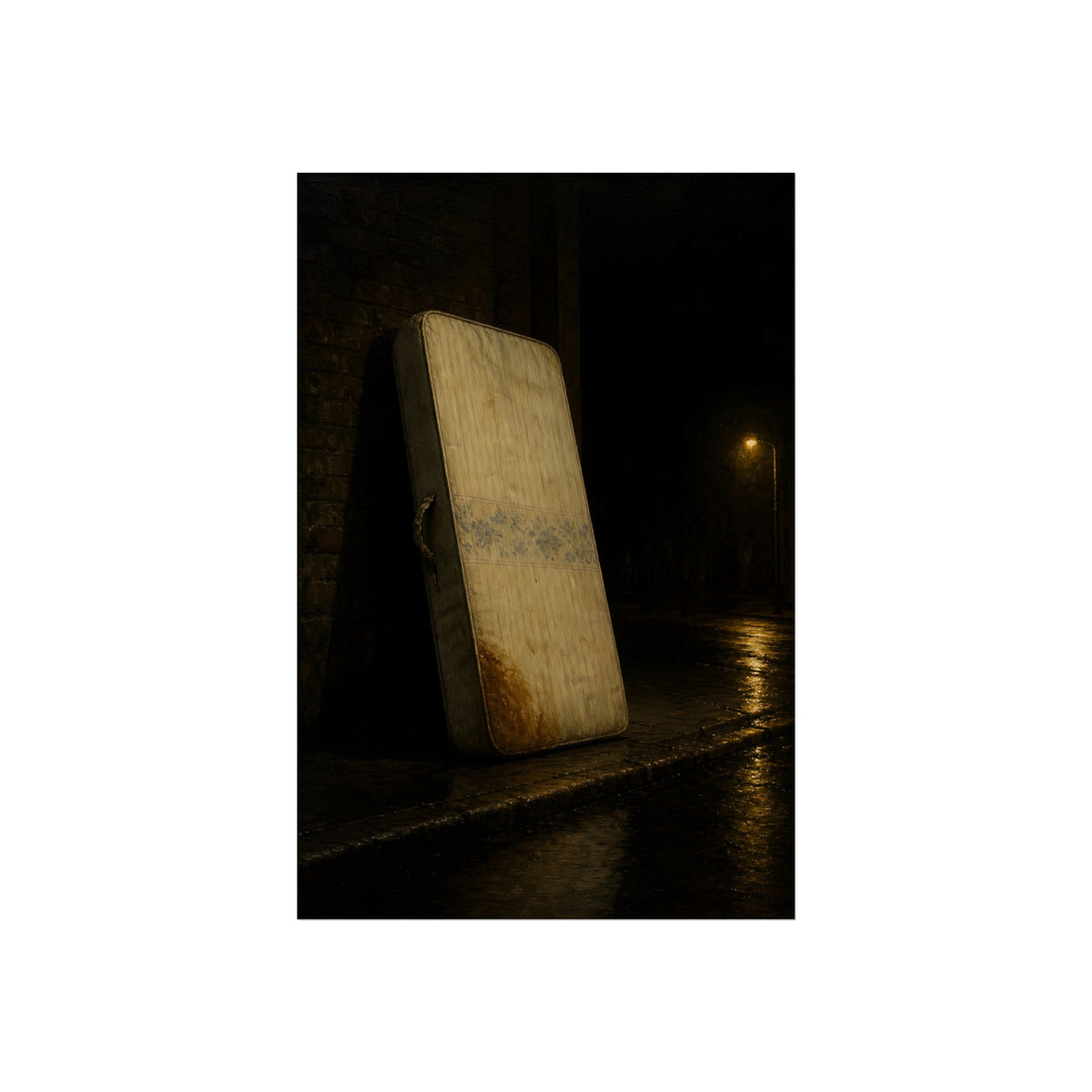 A stained mattress propped on a brick wall along a wet night street. The Presentation Against the Brick by Garabaggio, fine art print, 24″ x 36″.