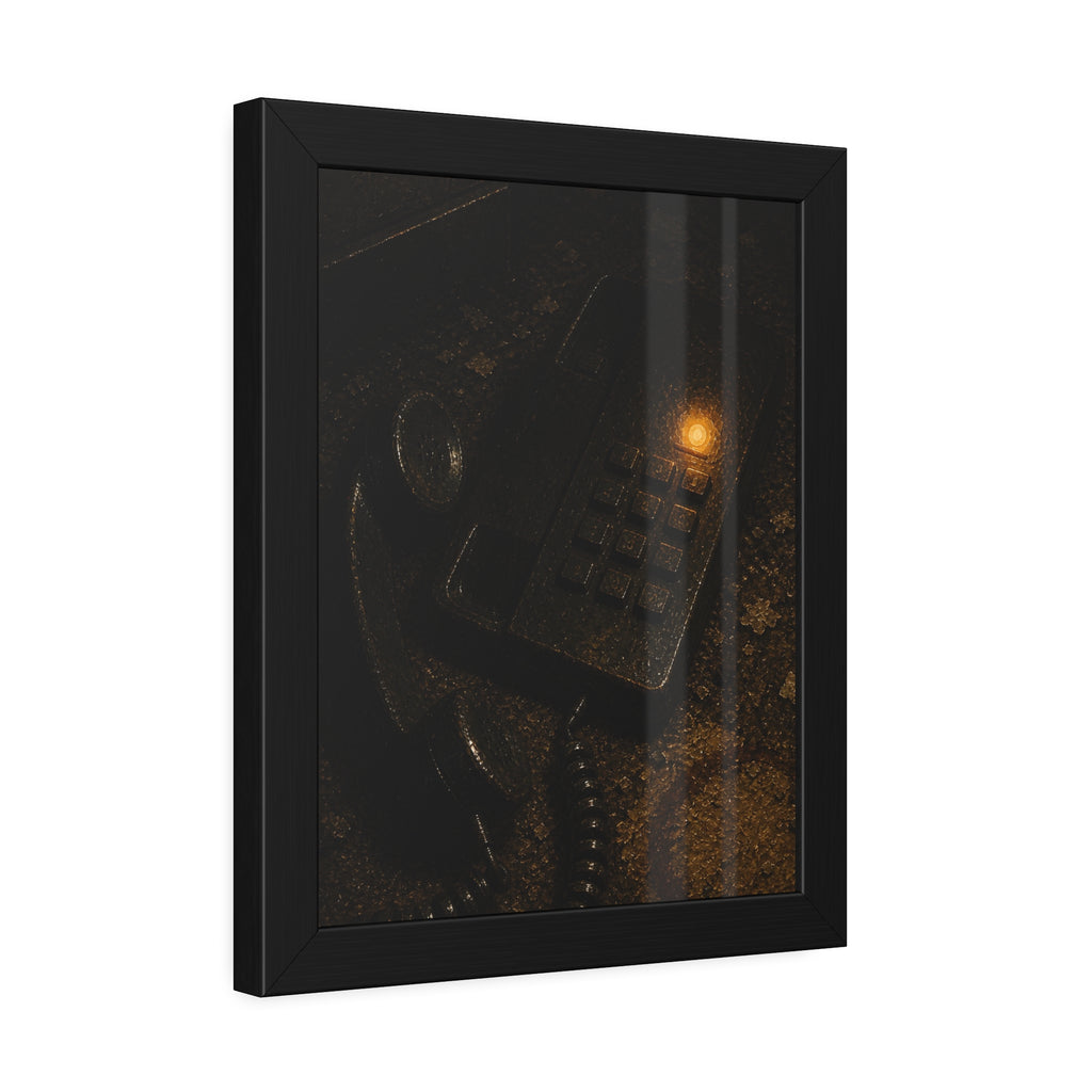 A desk phone with the handset off the hook and one amber light glowing. The Line Still Rings by Garabaggio, framed fine art print hanging in a room.