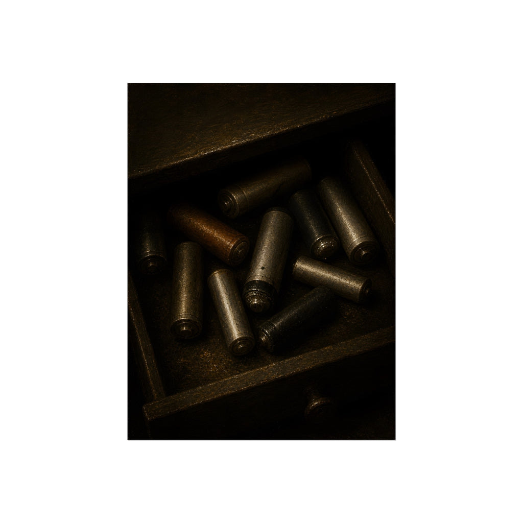 Old batteries loose in an open wooden drawer lit from above. The Drawer Congregation by Garabaggio, fine art print, 12″ x 16″.