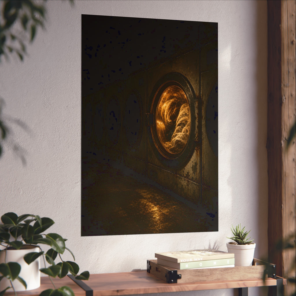A row of dryers with one drum lit and tumbling in a dark laundromat. The Last Dryer Turning by Garabaggio, fine art print hanging in a room.