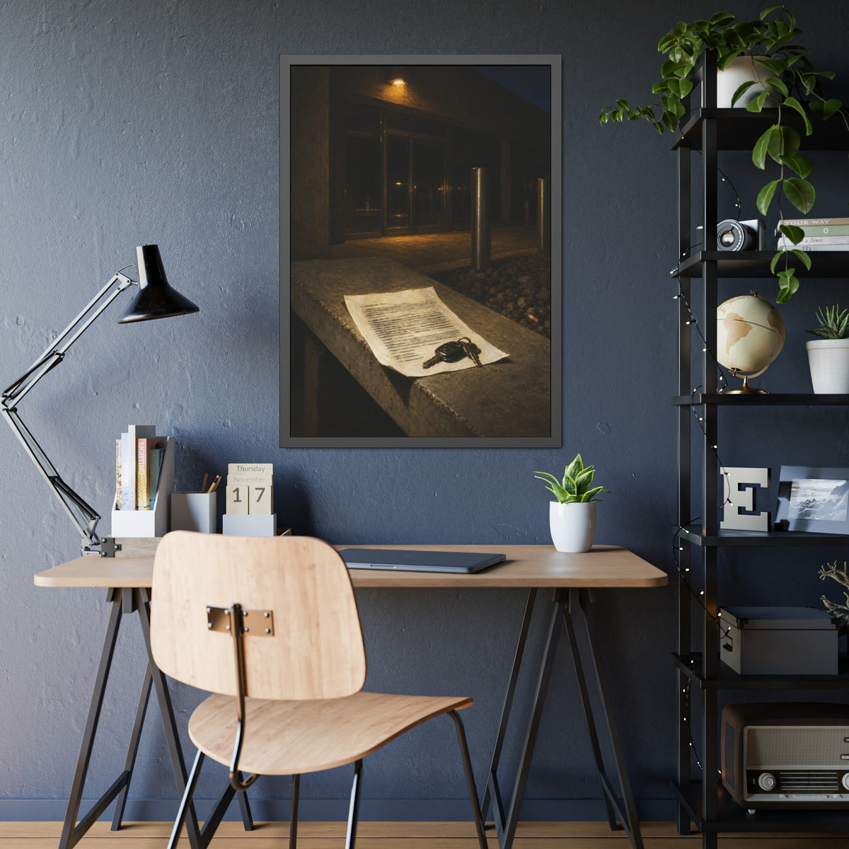 A printed page and car keys on a concrete ledge outside an office at night. The Last Email, Printed by Garabaggio, framed fine art print hanging in a room.
