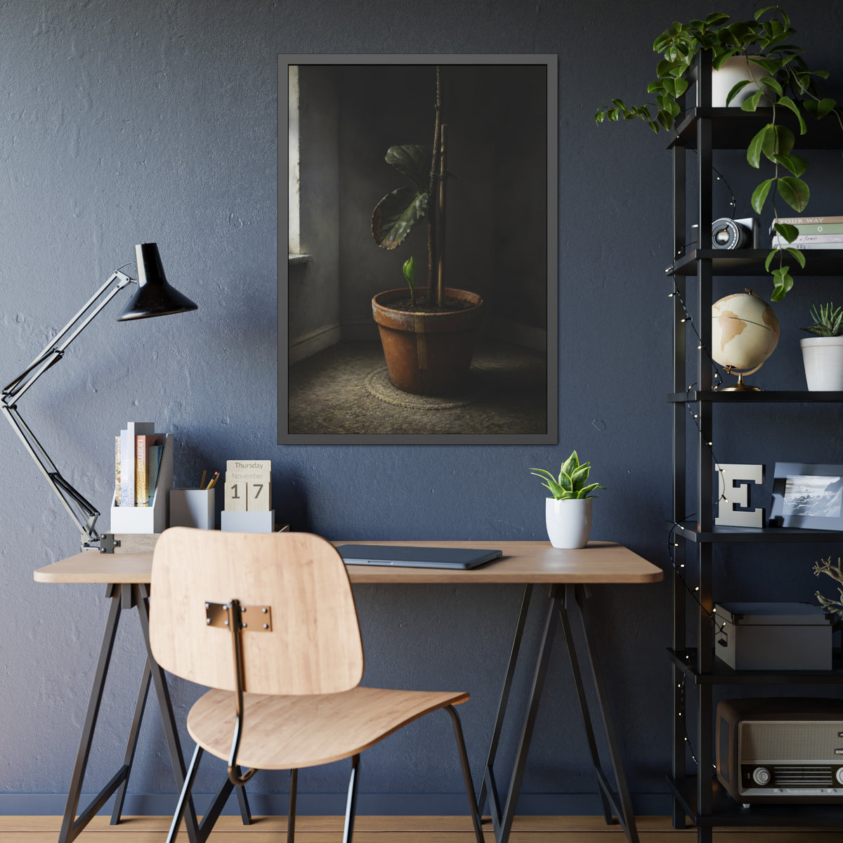 A potted plant down to two curled leaves and one new sprout by a window. The Corner by the Window Again by Garabaggio, framed fine art print hanging in a room.