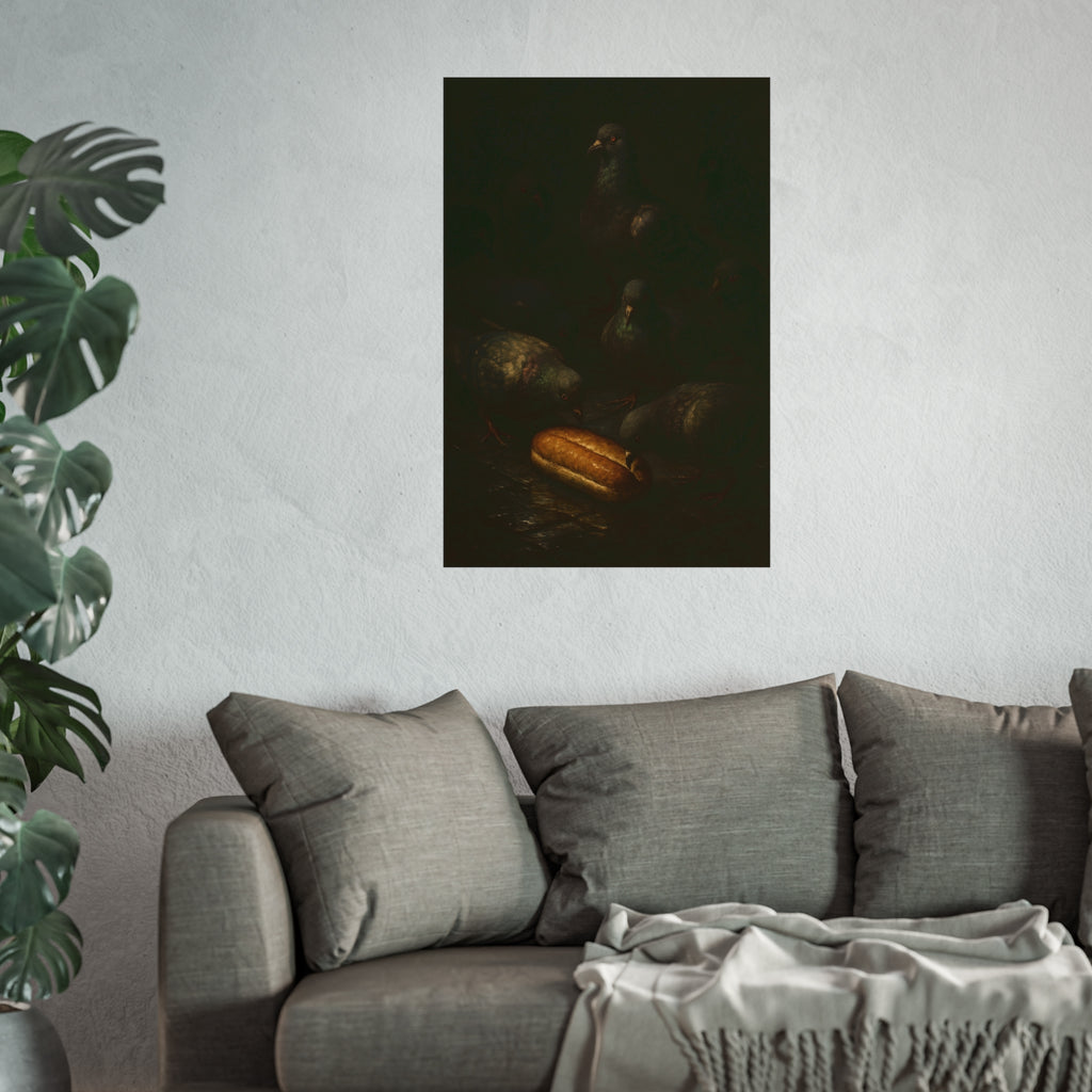 Pigeons crowding around a bread roll on dark stone paving. The Congregation at the Bun by Garabaggio, fine art print hanging in a room.