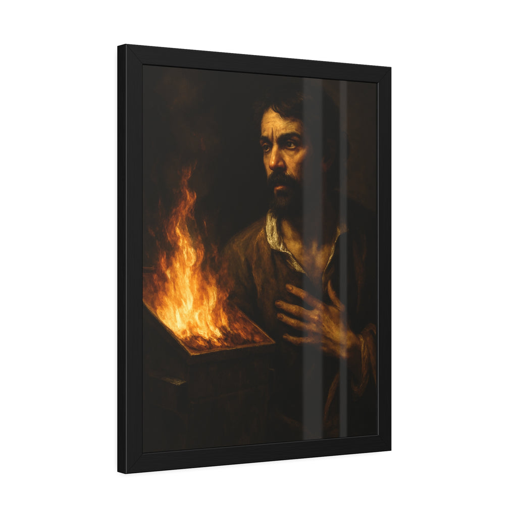 Man with a hand flat on his chest looking toward a low burning bin. Self-Portrait with Oath by Garabaggio, framed fine art print hanging in a room.