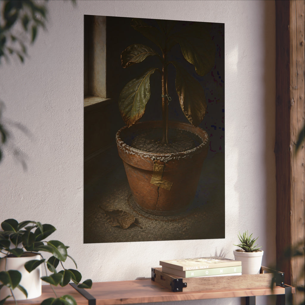 A drooping potted plant in a cracked terracotta pot beside a window. The Missed Watering by Garabaggio, fine art print hanging in a room.