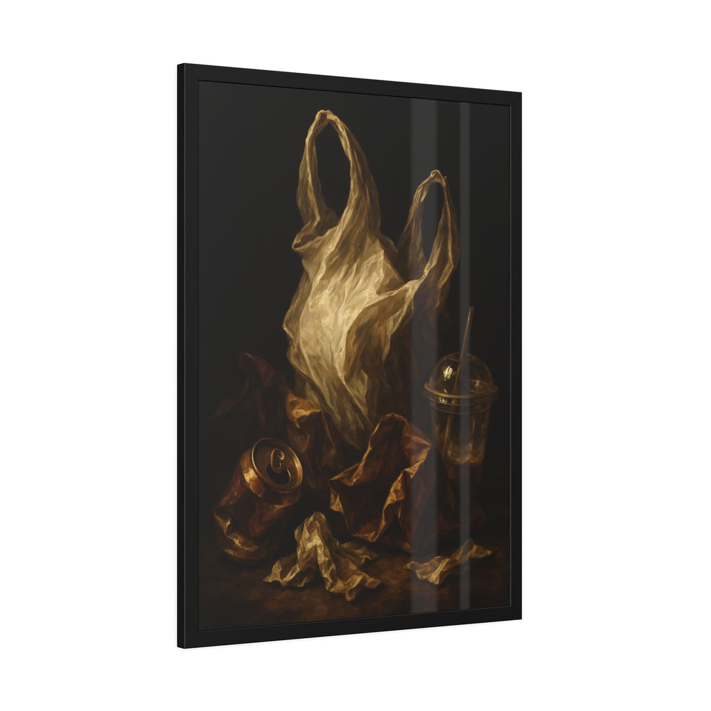 A plastic bag held open above a crushed can and a plastic cup with straw. The Apparition of the Bag by Garabaggio, framed fine art print hanging in a room.