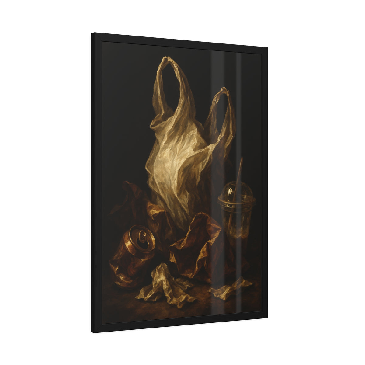 A plastic bag held open above a crushed can and a plastic cup with straw. The Apparition of the Bag by Garabaggio, framed fine art print hanging in a room.