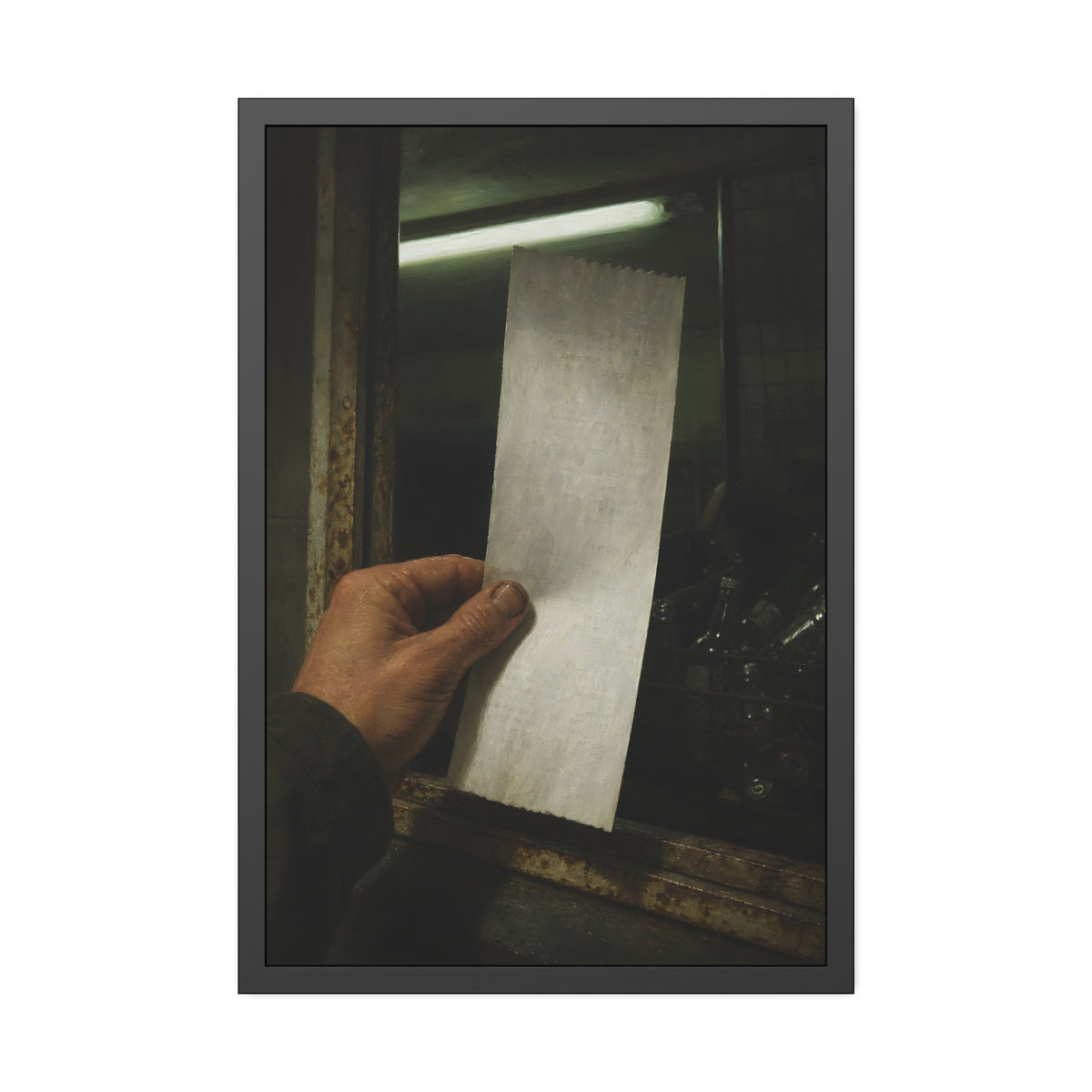 A hand holding a blank slip at a rusted counter window, bottles behind. The Receipt of Absolution by Garabaggio, framed fine art print, 24″ x 36″.