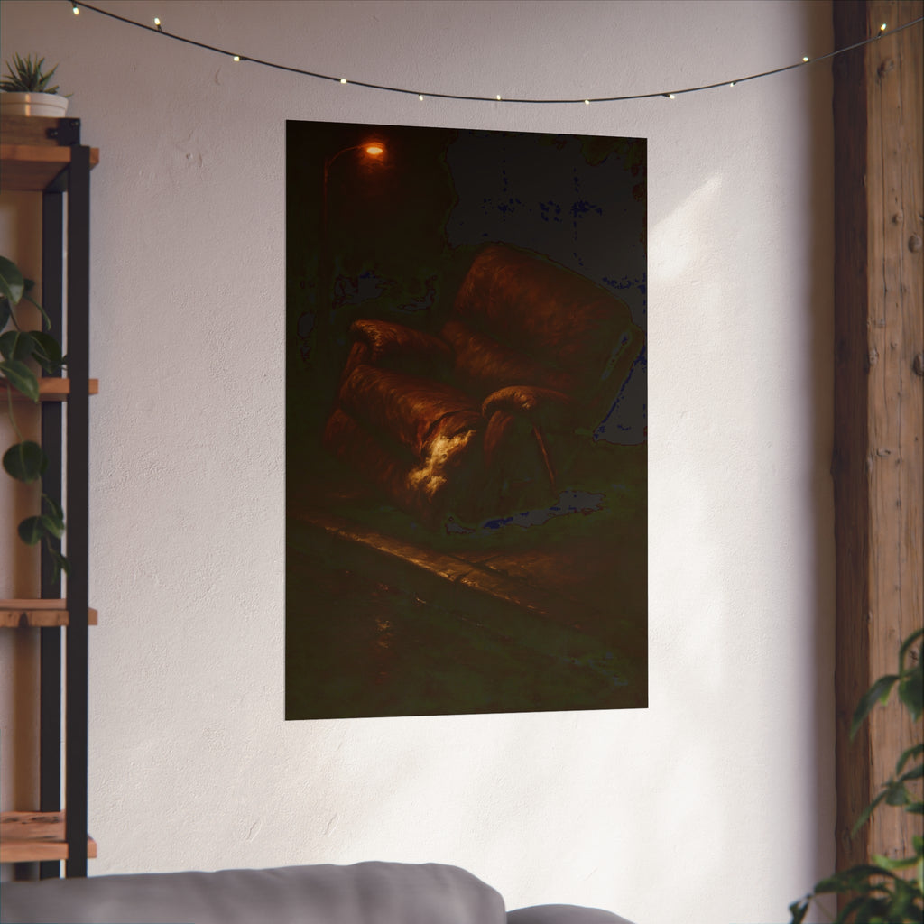 A torn brown recliner tipped on a curb in dim warm light. The Deposition of the Broken Recliner by Garabaggio, fine art print hanging in a room.