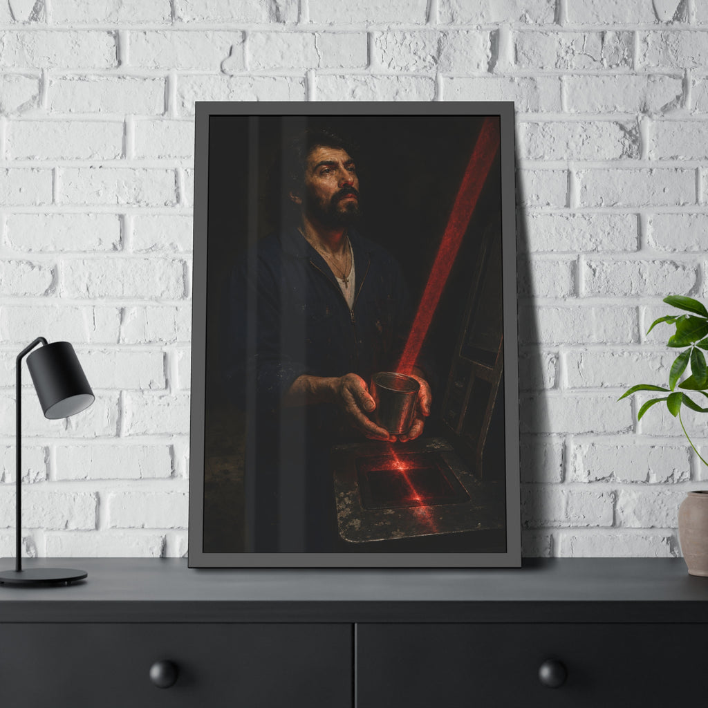 A man in blue coveralls holding a metal cup in a red scanner beam. The First Scan by Garabaggio, framed fine art print hanging in a room.