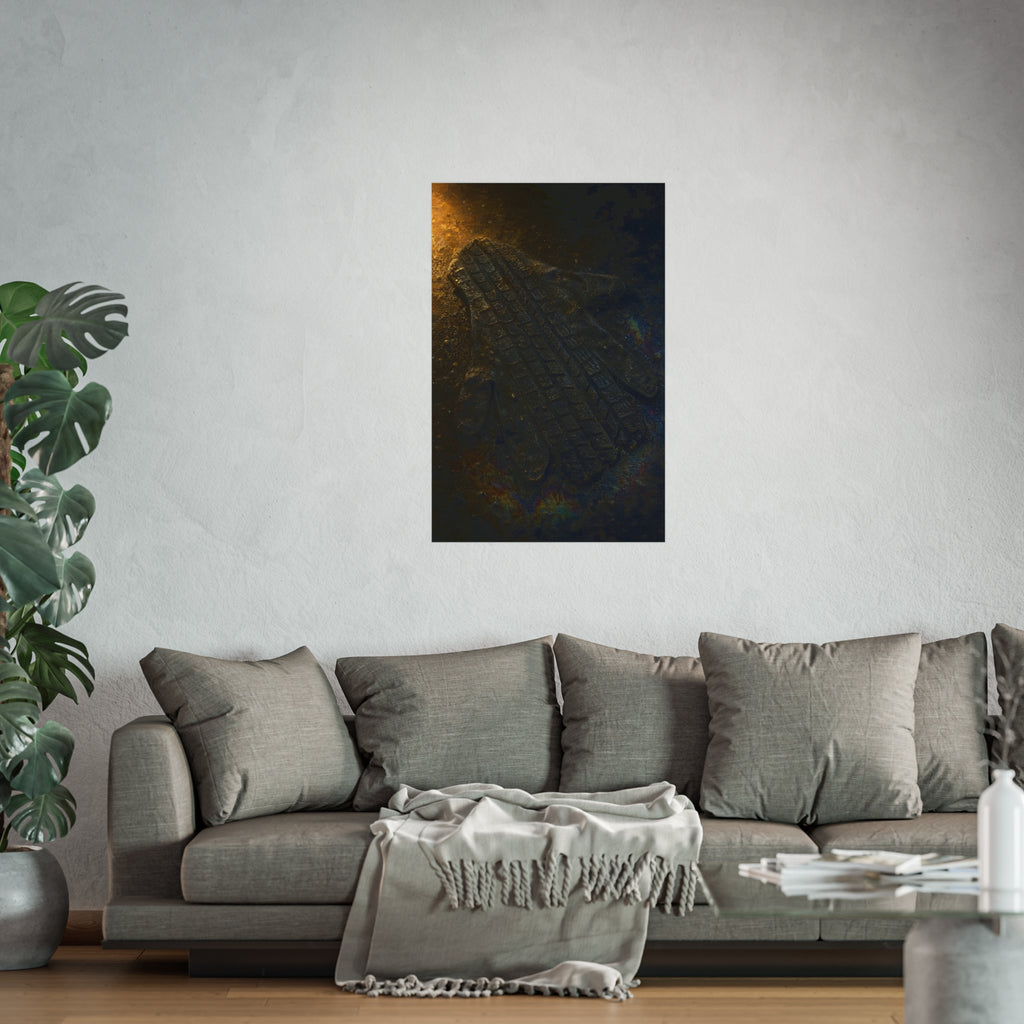 A flattened work glove on asphalt with a tire tread pressed across it. The Passage of the Wheel by Garabaggio, fine art print hanging in a room.
