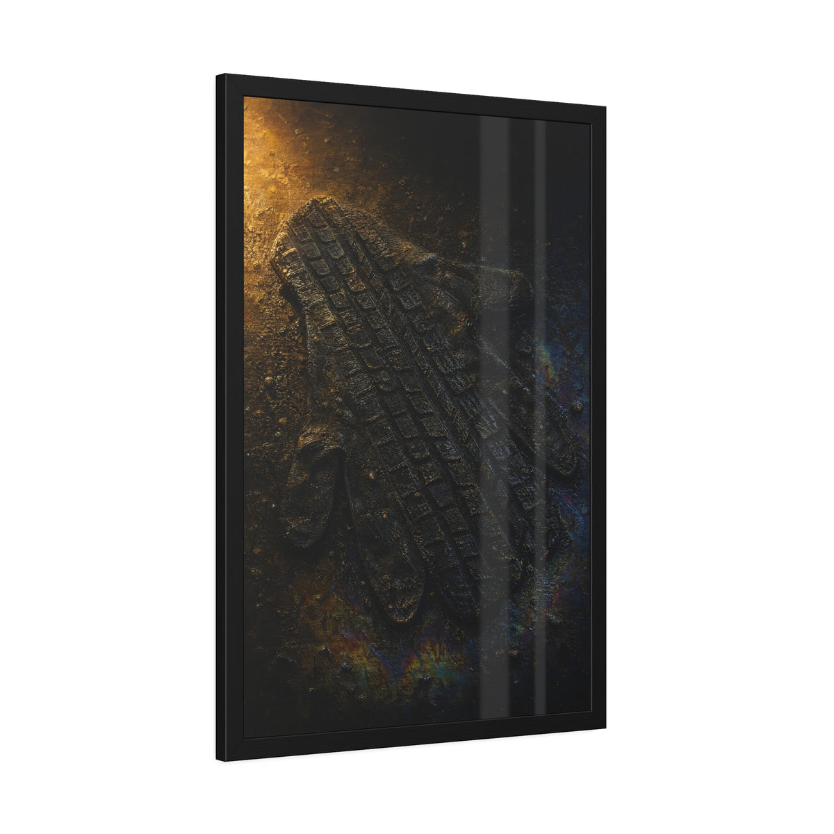 A flattened work glove on asphalt with a tire tread pressed across it. The Passage of the Wheel by Garabaggio, framed fine art print hanging in a room.