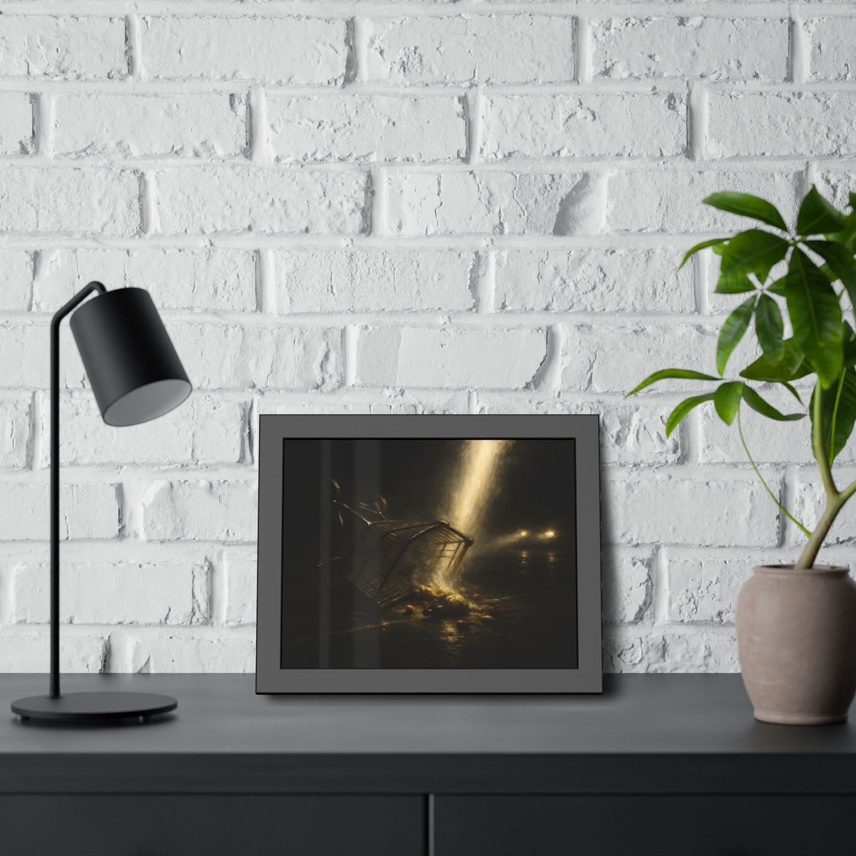 A tipped shopping cart spilling groceries in a shaft of light. The Conversion of the Shopping Cart by Garabaggio, framed fine art print hanging in a room.