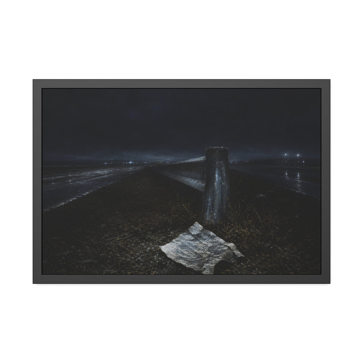 A sheet of paper on a grassy highway median beside a concrete post at night. The Resume on the Median by Garabaggio, framed fine art print, 36″ x 24″.