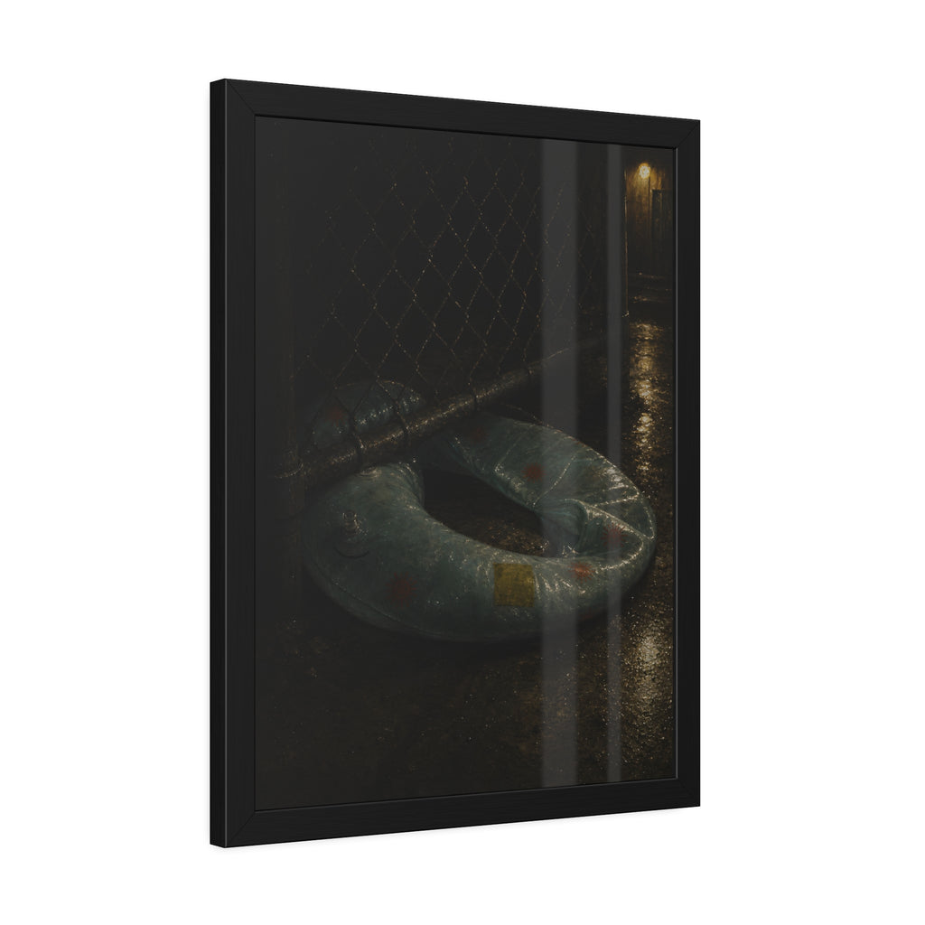 A deflated ring float pushed under a chain link fence in a wet alley. The Escape Beneath the Fence by Garabaggio, framed fine art print hanging in a room.