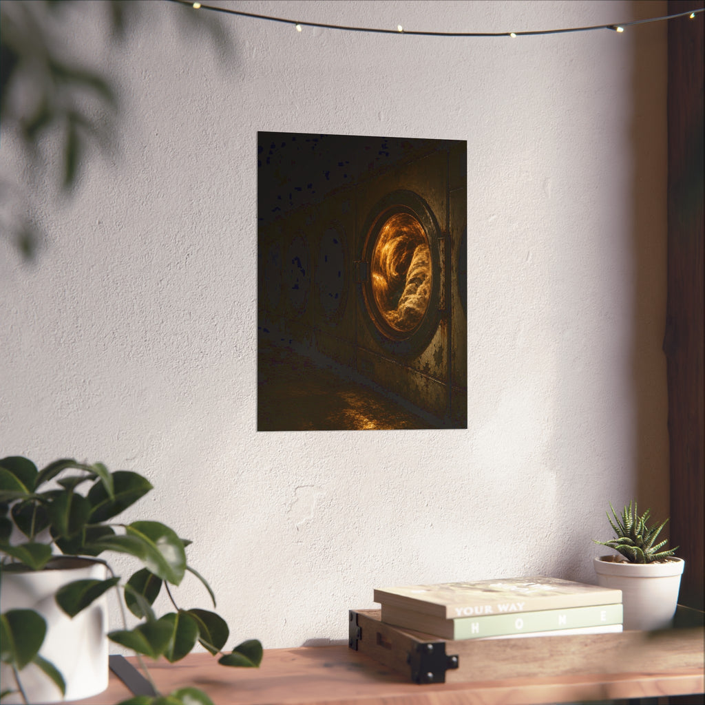 A row of dryers with one drum lit and tumbling in a dark laundromat. The Last Dryer Turning by Garabaggio, fine art print hanging in a room.