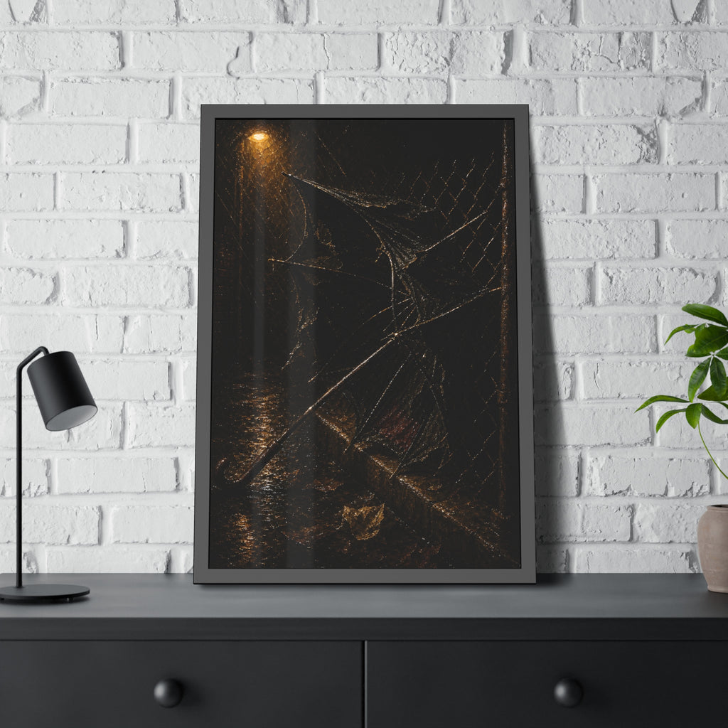 A broken umbrella pinned to a chain link fence under a rainy streetlamp. The Scourging by the Wind by Garabaggio, framed fine art print hanging in a room.