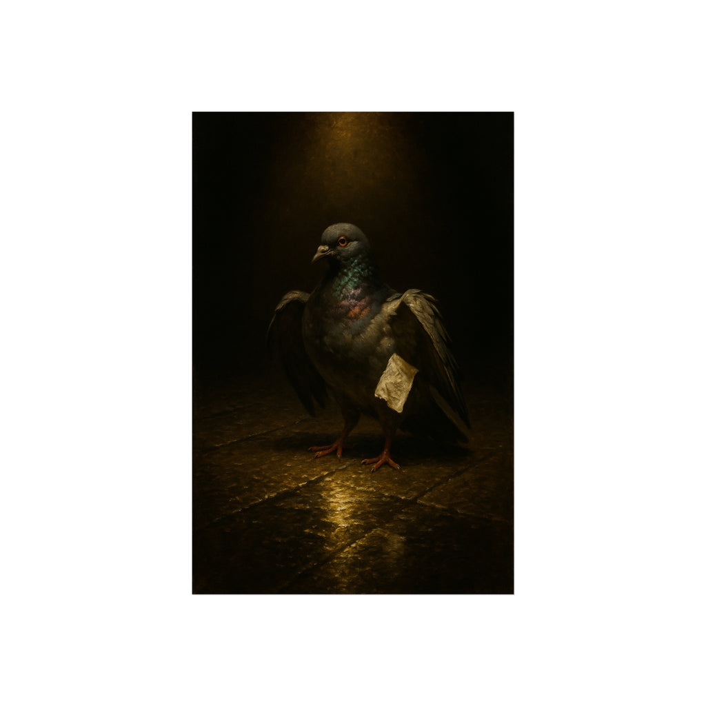 A pigeon with wings half raised, a paper scrap at its side. The Annunciation of the Common Pigeon by Garabaggio, fine art print hanging in a room.