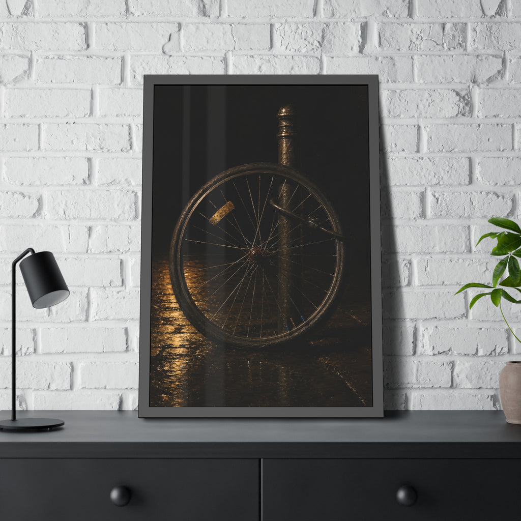 A bare bicycle wheel locked to a post on wet pavement. The Wheel Without a Bicycle by Garabaggio, framed fine art print hanging in a room.