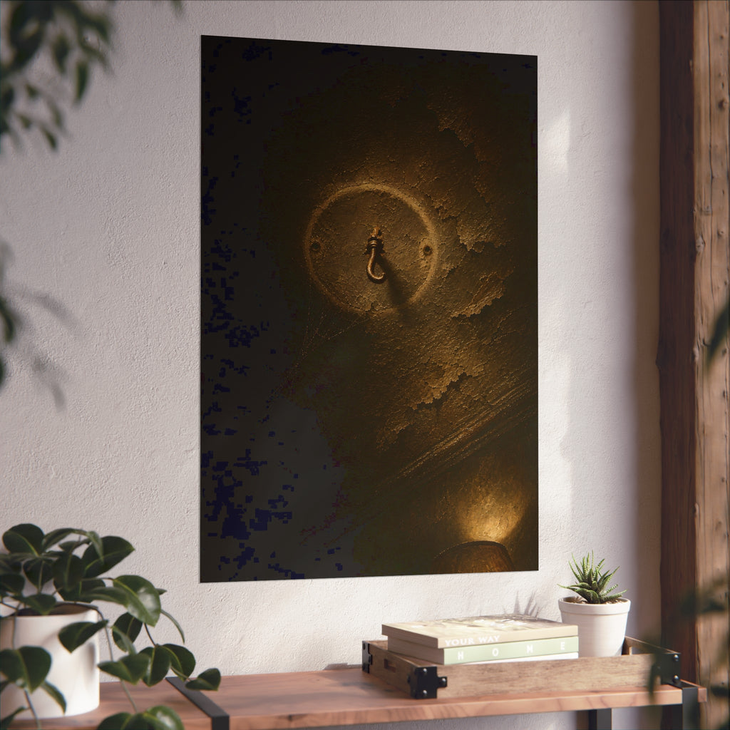 A small empty hook on a cracked ceiling, lit from one side. The Hook Without a Burden by Garabaggio, fine art print hanging in a room.