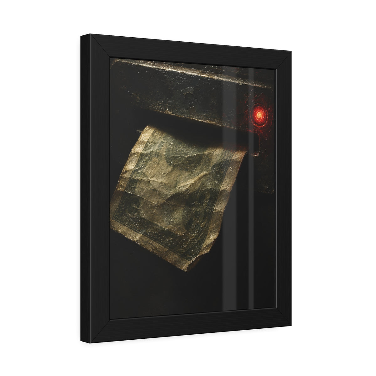 A worn bill pushed back out of a machine slot beside a red light. The Change Machine's Refusal by Garabaggio, framed fine art print hanging in a room.