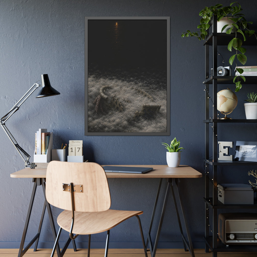 A broken laundry basket half buried in a snowbank under a distant light. Lattice in the Snowbank by Garabaggio, framed fine art print hanging in a room.