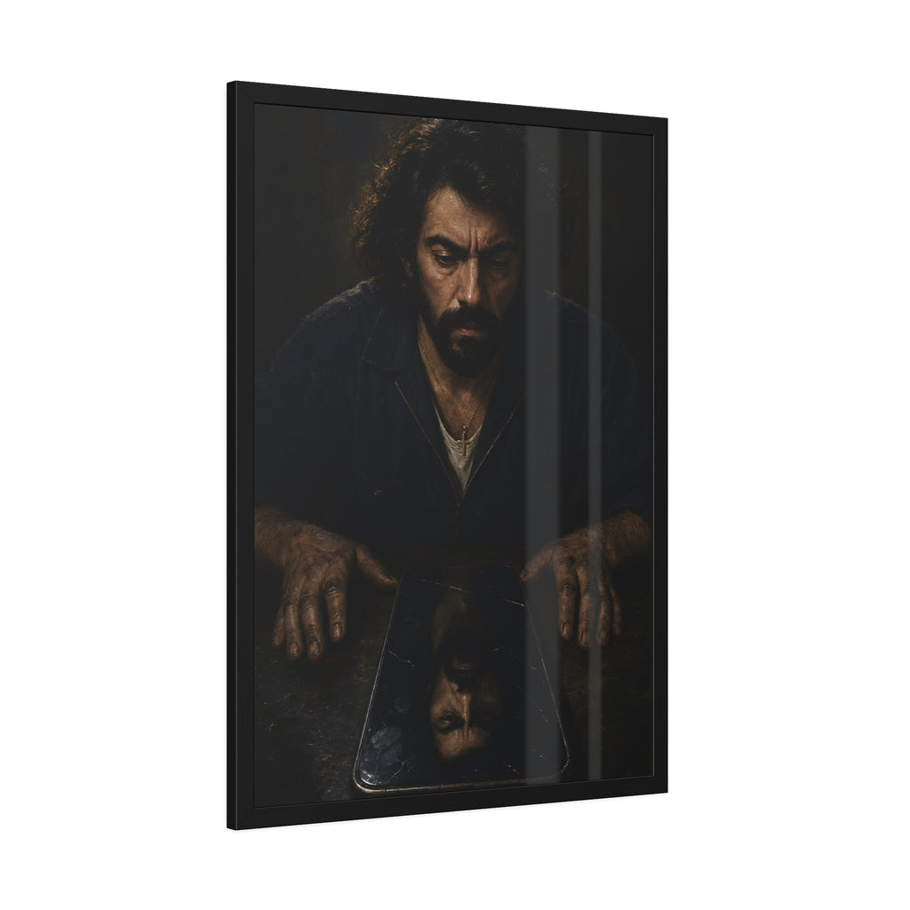 A bearded man in coveralls looking down at his face in a cracked screen. The Mirror After Midnight by Garabaggio, framed fine art print hanging in a room.