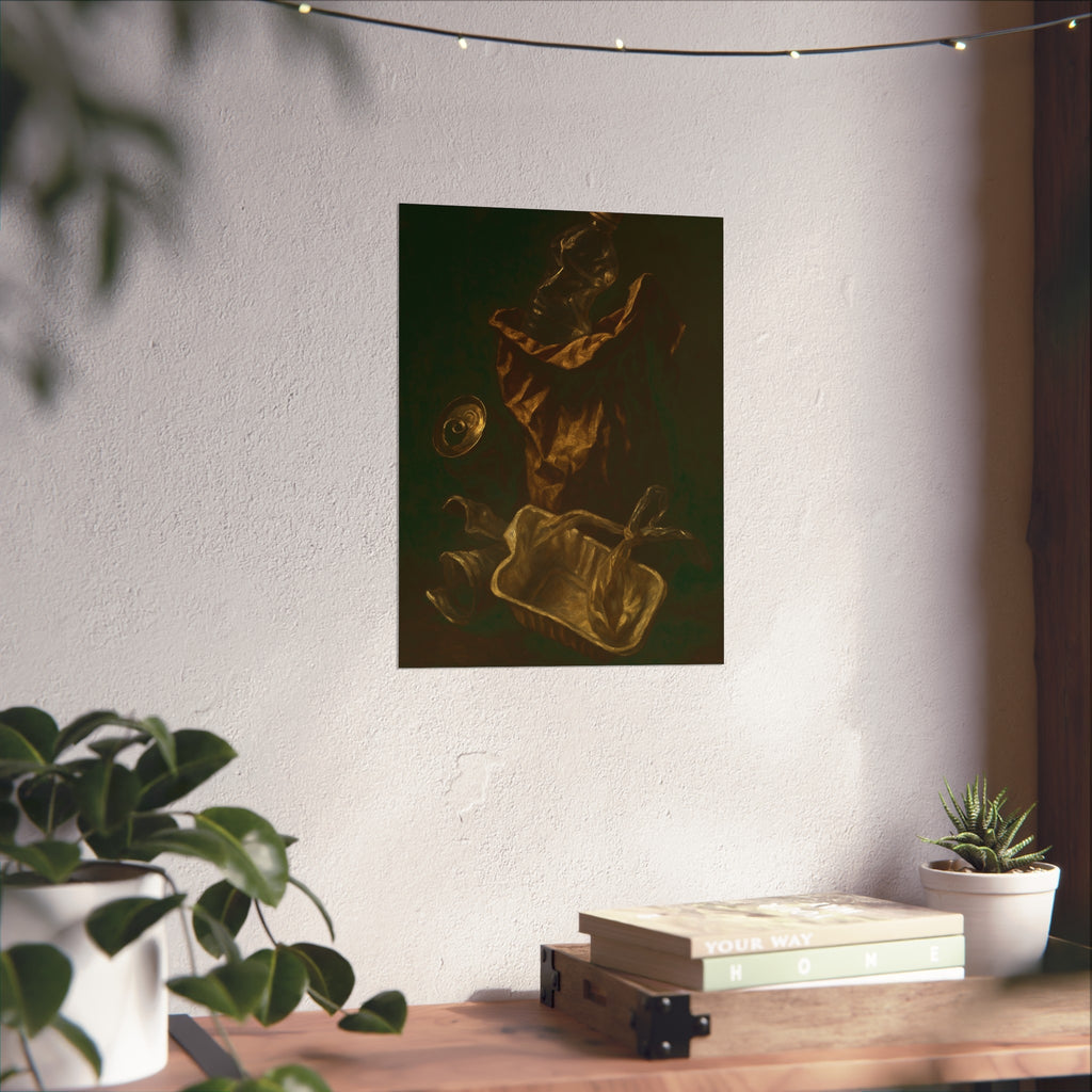 A paper bag, crushed bottle and foil tray lit against deep darkness. Reliquary of the Takeout by Garabaggio, fine art print hanging in a room.
