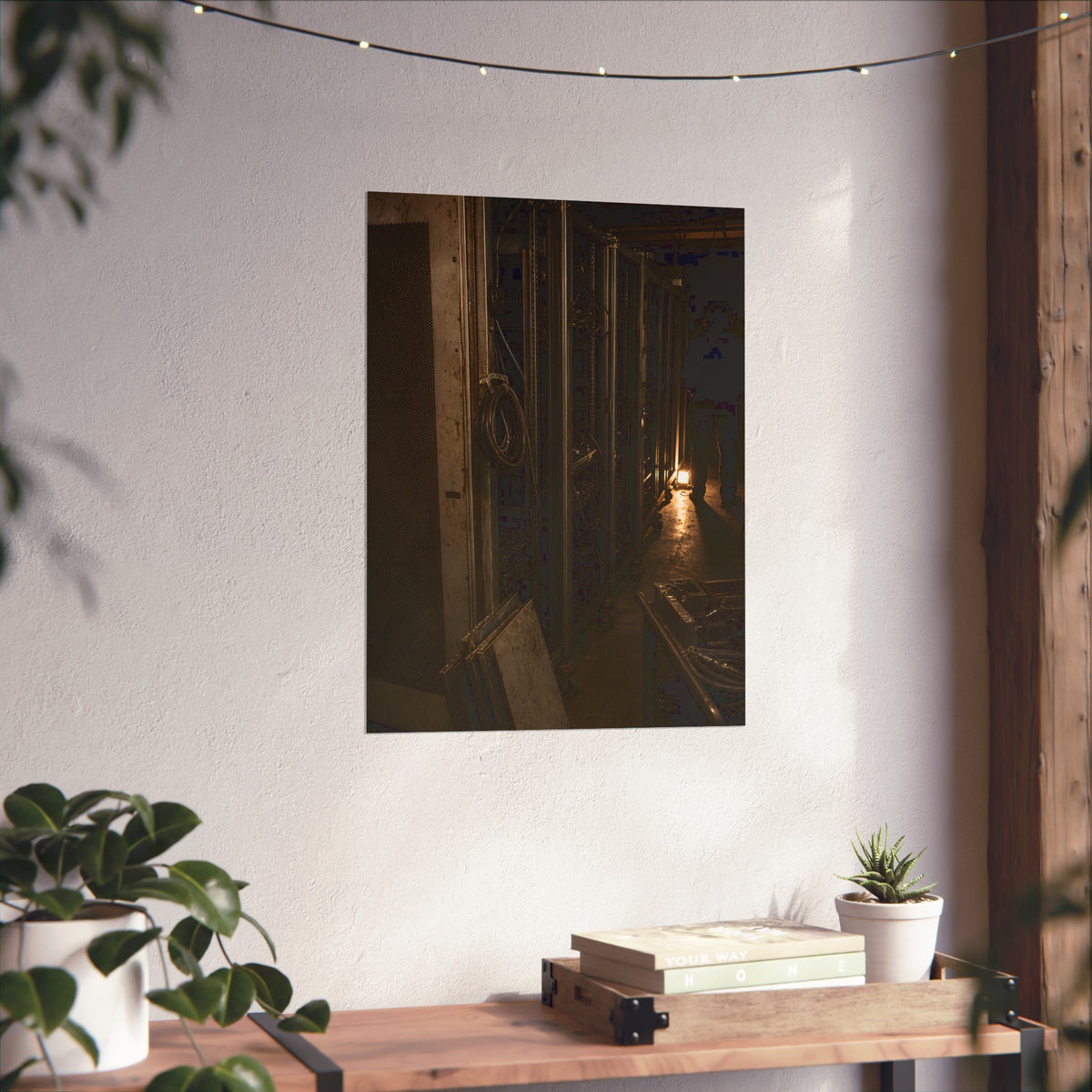 Open server racks in a dark room, a work lamp and a figure at the end. Garabaggio at the End of the Row by Garabaggio, fine art print hanging in a room.
