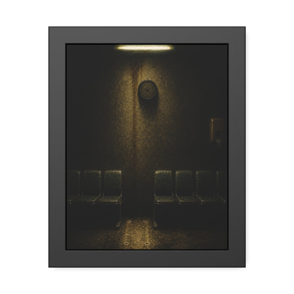 A gap in a row of waiting room chairs below a clock and one strip light. One Chair Removed by Garabaggio, framed fine art print, 11″ x 14″.