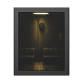 A gap in a row of waiting room chairs below a clock and one strip light. One Chair Removed by Garabaggio, framed fine art print, 11″ x 14″.