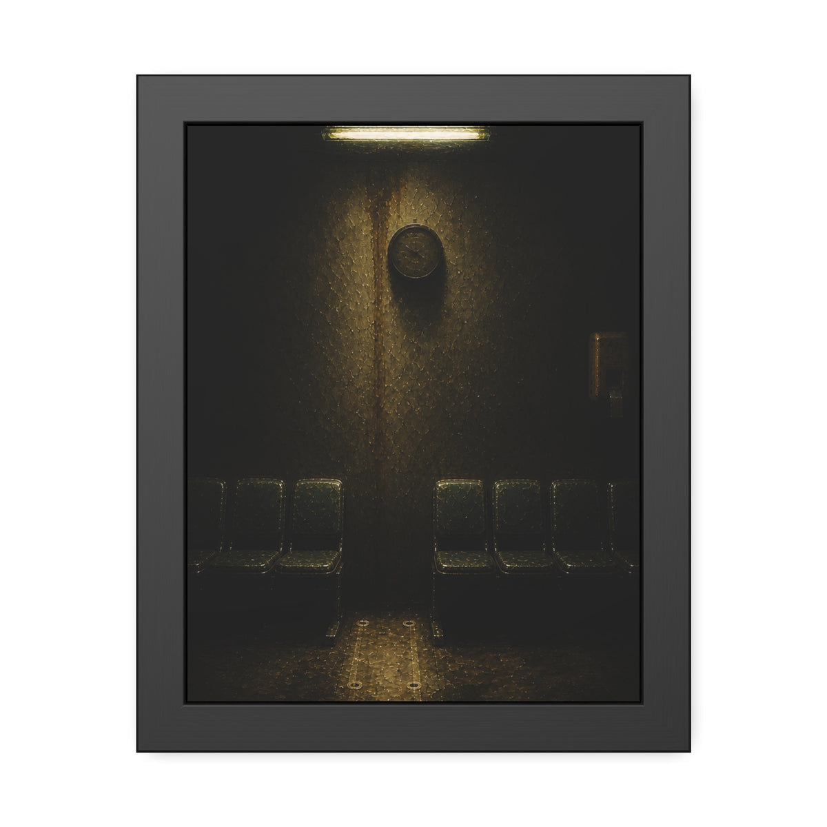 A gap in a row of waiting room chairs below a clock and one strip light. One Chair Removed by Garabaggio, framed fine art print, 11″ x 14″.