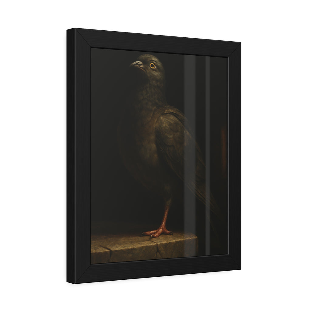 A pigeon standing on a cracked stone ledge in near darkness. The Martyrdom of the One-Legged Saint by Garabaggio, framed fine art print hanging in a room.