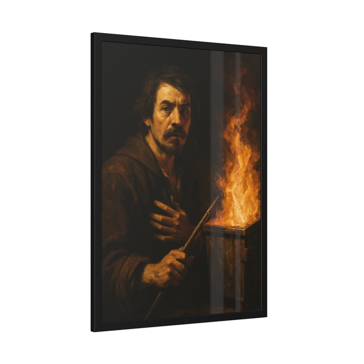 Man holding a long wooden stick, hand on chest, before a burning bin. Self-Portrait with Mahlstick by Garabaggio, framed fine art print hanging in a room.