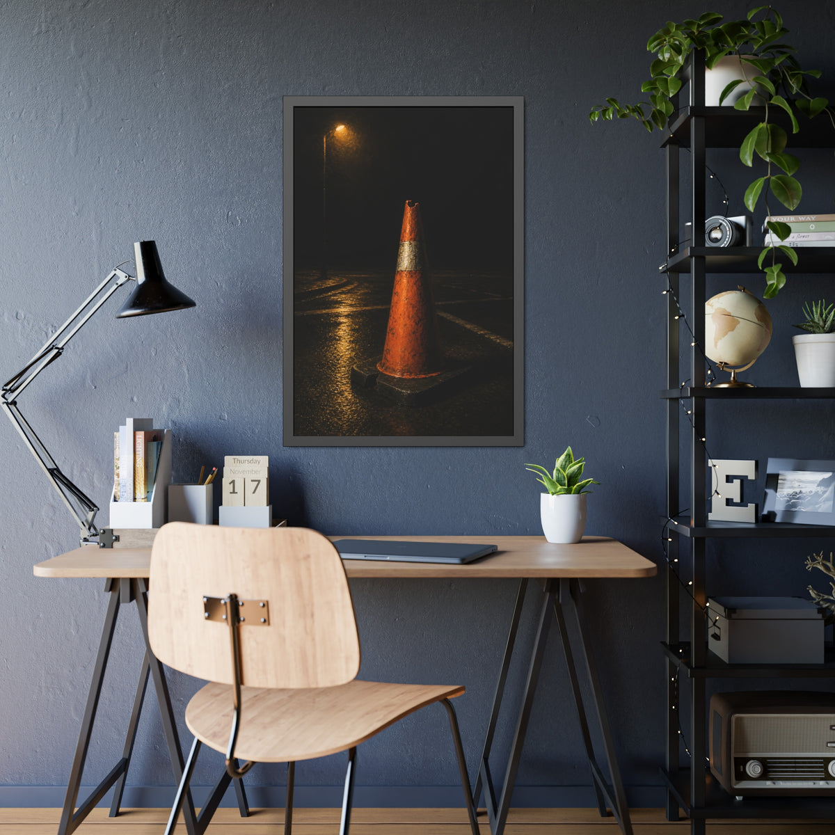 A battered orange traffic cone on wet asphalt under a street lamp. The Warning Without Danger by Garabaggio, framed fine art print hanging in a room.