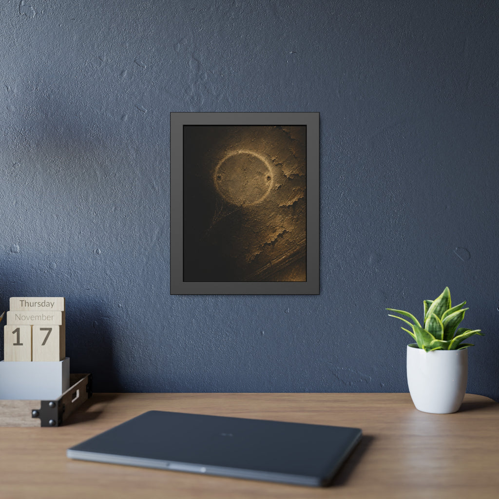 A pale ring and two screw holes on a peeling ceiling where a detector was. The Circle on the Ceiling by Garabaggio, framed fine art print hanging in a room.