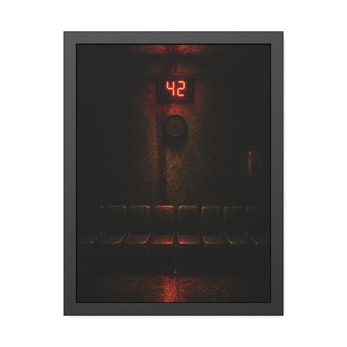 A red number display glowing above an empty row of waiting room chairs. The Number Called at Last by Garabaggio, framed fine art print, 18″ x 24″.