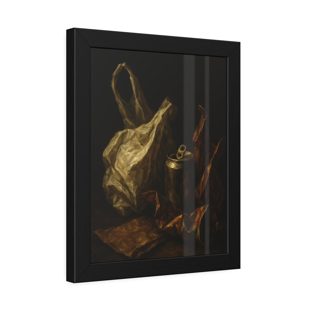 A crumpled plastic bag, crushed can and foil wrappers on a dark table. The Pietà of the Deflated by Garabaggio, framed fine art print hanging in a room.