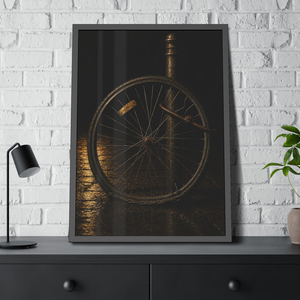 A bent bicycle wheel locked to a post on wet pavement. The Last Lock by Garabaggio, framed fine art print hanging in a room.
