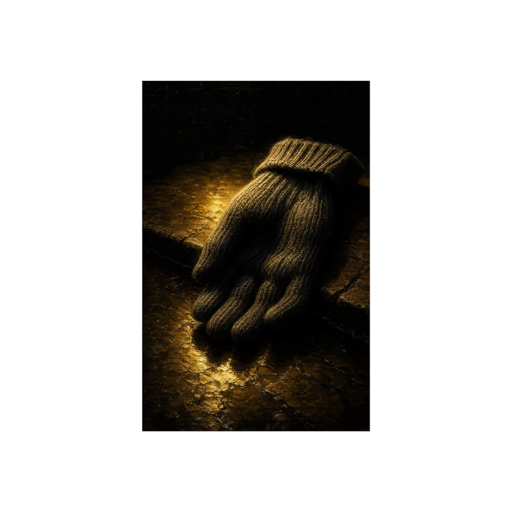 A knitted wool glove palm down on wet stone in gold light. The Presentation of the Woolen Glove by Garabaggio, fine art print hanging in a room.