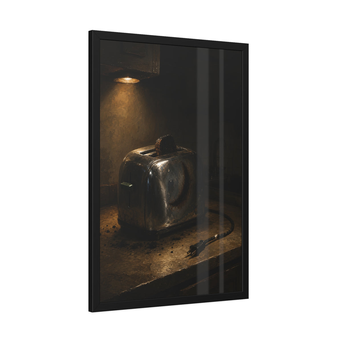 Scorched toaster with burnt toast on a counter under a cabinet light. Breakfast Interrupted by Garabaggio, framed fine art print hanging in a room.