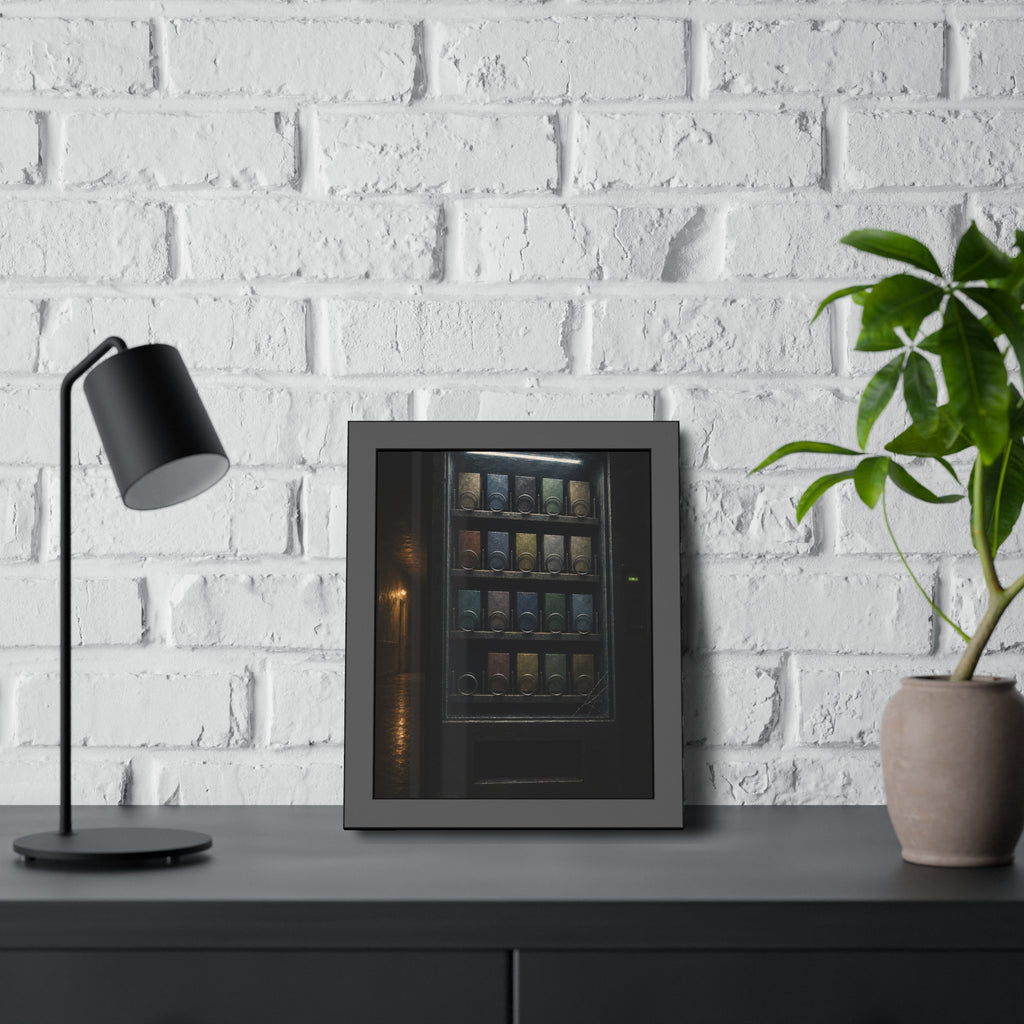 Rows of coils behind the lit glass of a vending machine in a dark hall. The First Empty Spiral by Garabaggio, framed fine art print hanging in a room.
