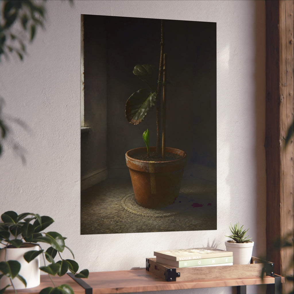 A potted plant down to two curled leaves and one new sprout by a window. The Corner by the Window Again by Garabaggio, fine art print hanging in a room.