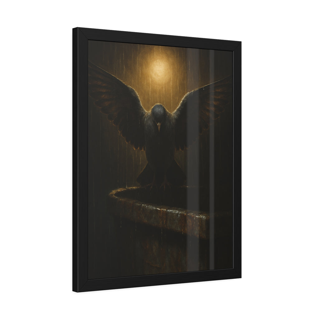 A pigeon with wings spread on a dumpster rim under a lamp in the rain. The Passion (Study in Rain) by Garabaggio, framed fine art print hanging in a room.