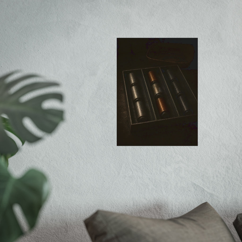 Dead batteries lined up in a divided tray on a dark table. The Sorting Tray by Garabaggio, fine art print hanging in a room.