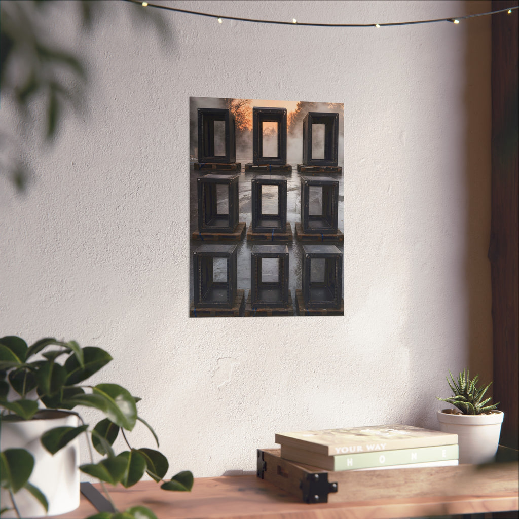 Nine empty black server racks on pallets in a wet lot at dawn. The Racks in the Morning Lot by Garabaggio, fine art print hanging in a room.