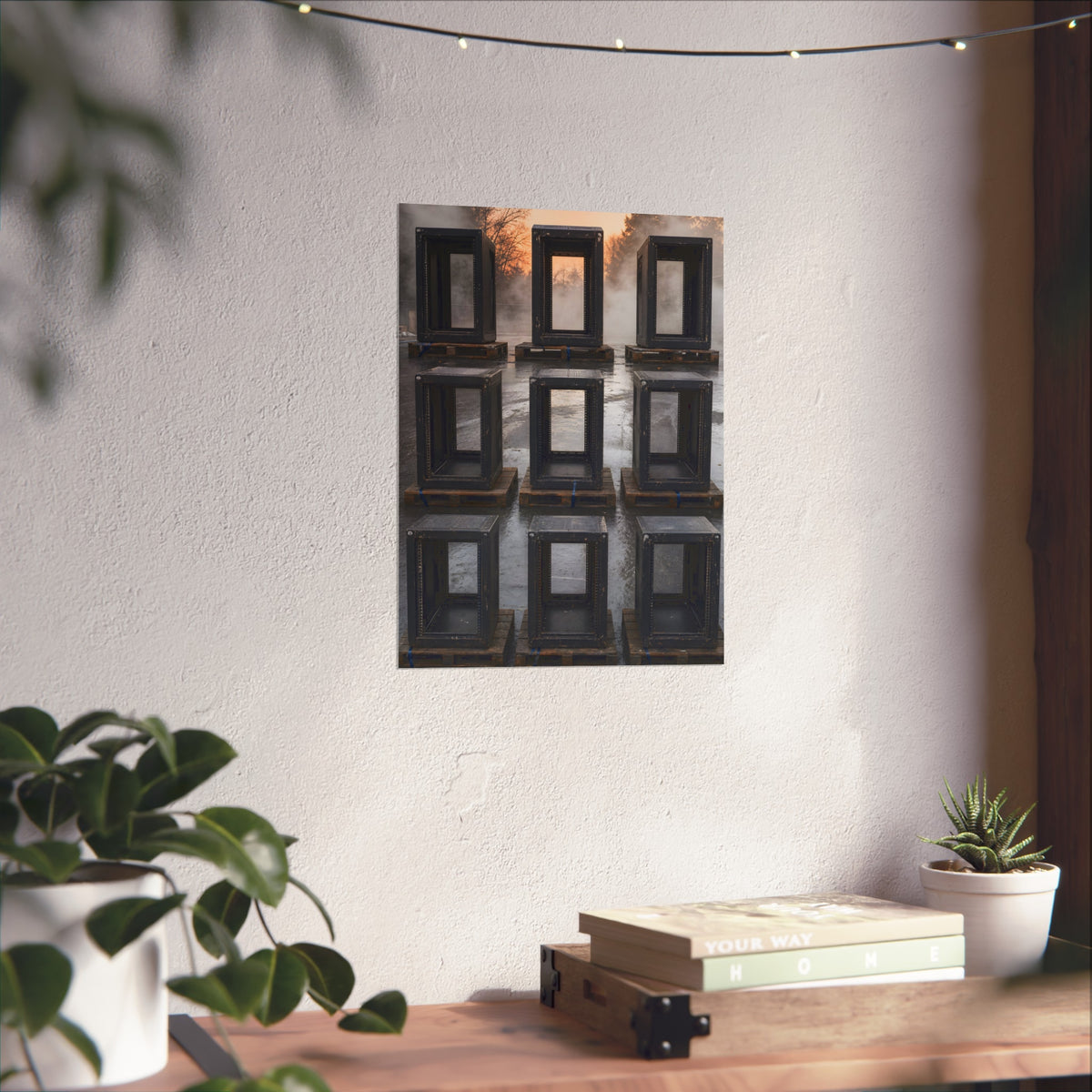 Nine empty black server racks on pallets in a wet lot at dawn. The Racks in the Morning Lot by Garabaggio, fine art print hanging in a room.